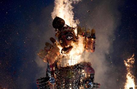 The effigy of demon king Ravana being burnt during the Dussehra Festival celebrations at Shri Dharmik Leela The effigy of demon king Ravana being burnt during the Dussehra Festival celebrations at Shri Dharmik Leela