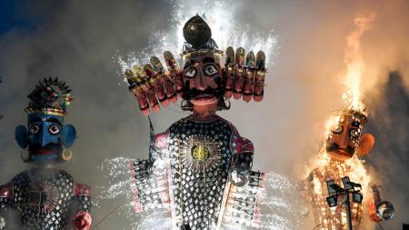 The effigy of Meghanada being burnt during the Dussehra Festival celebrations at Shri Dharmik Leela The effigy of Meghanada being burnt during the Dussehra Festival celebrations at Shri Dharmik Leela