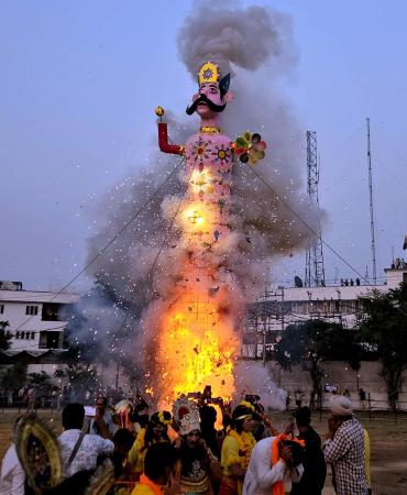 An effigy of Kumbhkaran set ablaze during Ravan Dahan in Jammu An effigy of Kumbhkaran set ablaze during Ravan Dahan in Jammu