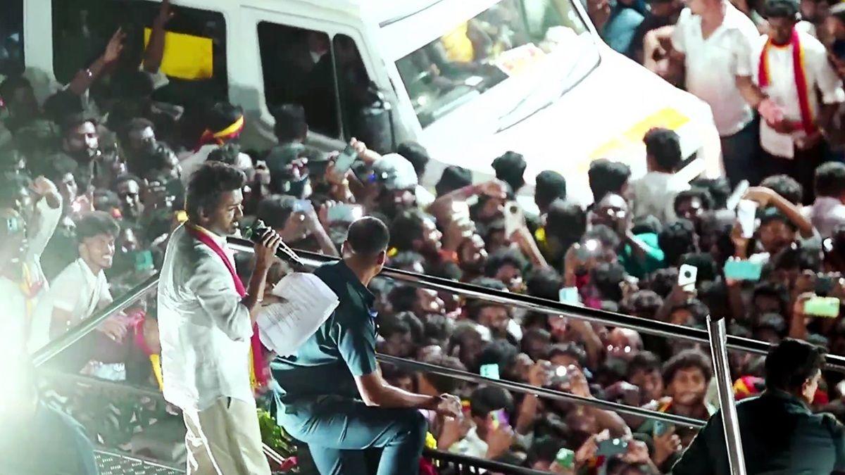 TVK (Tamilaga Vettri Kazhagam) chief and actor Vijay addresses a gathering before a stampede in Karur TVK (Tamilaga Vettri Kazhagam) chief and actor Vijay addresses a gathering before a stampede in Karur