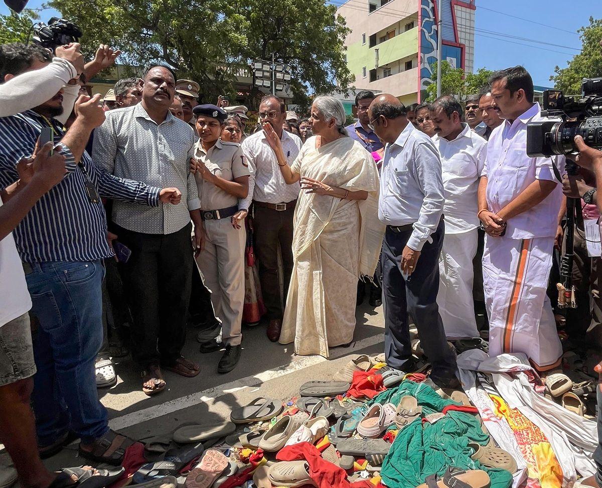 Union Finance Minister Nirmala Sitharaman visits the site of the stampede and takes stock of the situation, in Karur Union Finance Minister Nirmala Sitharaman visits the site of the stampede in Karur
