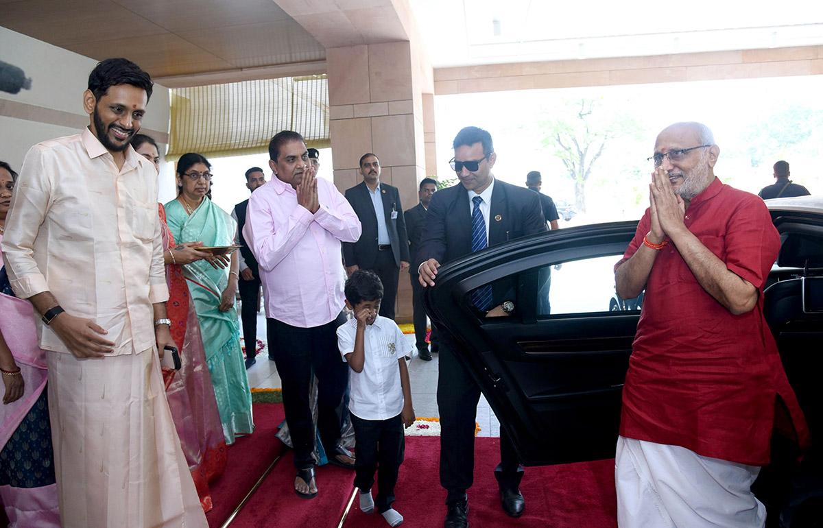 Vice President CP Radhakrishnan greets people upon arrival at Vice President's Enclave