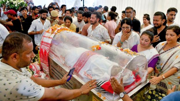 Garima Saikia Garg, wife of late Zubeen Garg and other family members, mourn his death at their Kahilipara Residence, in Guwahati. Photograph: ANI Photo