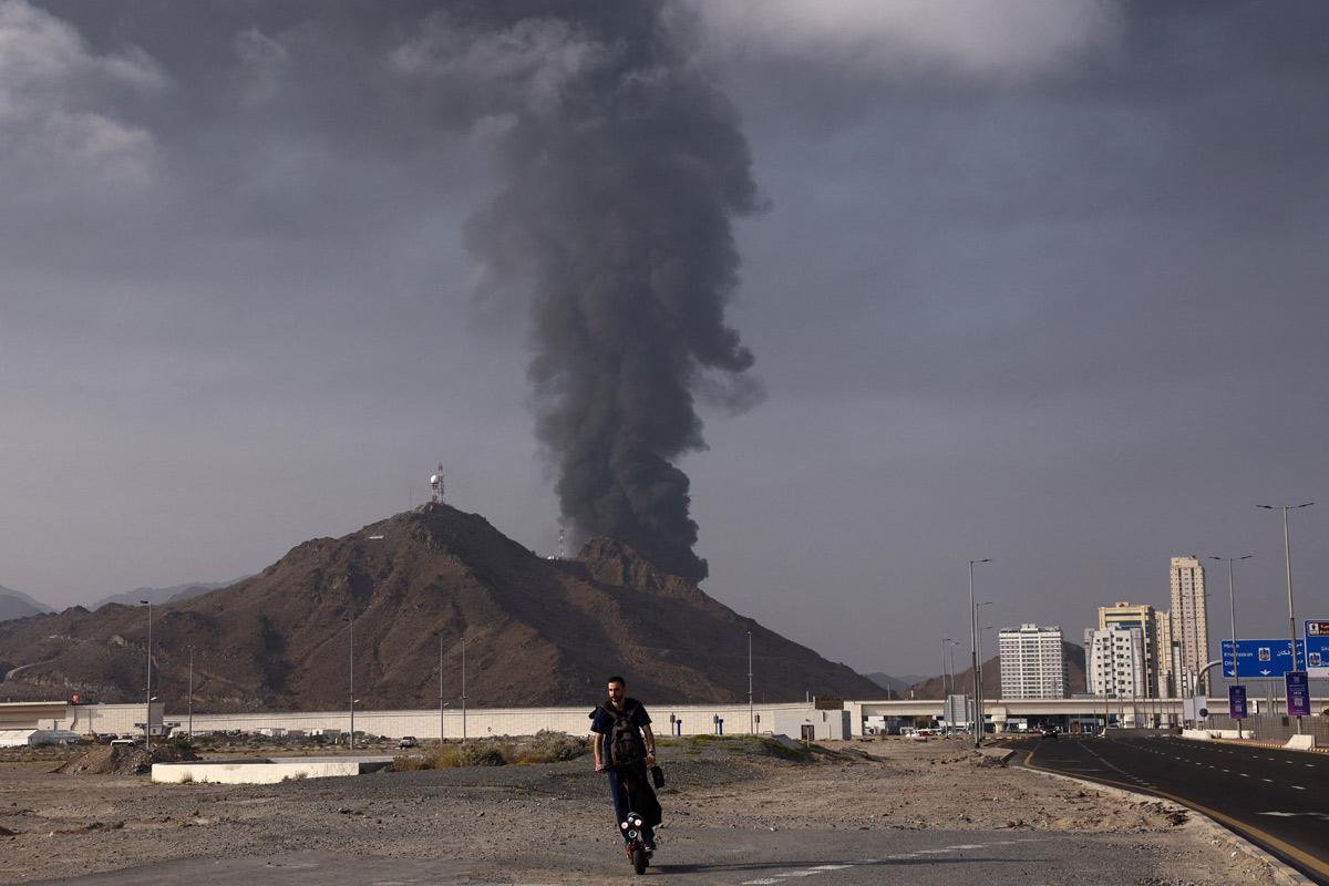 Smoke rises in the Fujairah oil industry zone following a fire caused by debris after interception of a drone by air defences, according to the Fujairah media office, United Arab Emirates, March 3, 2026