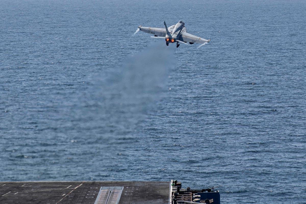 An F/A-18E Super Hornet takes off from the US Navy Nimitz-class aircraft carrier USS Abraham Lincoln in support of the Operation Epic Fury attack on Iran February 28, 2026