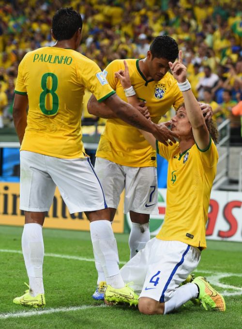 Brazil's David Luiz (No 4) celebrates scoring his team's second goal