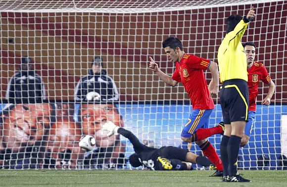 Spain's David Villa celebrates scoring a goal 