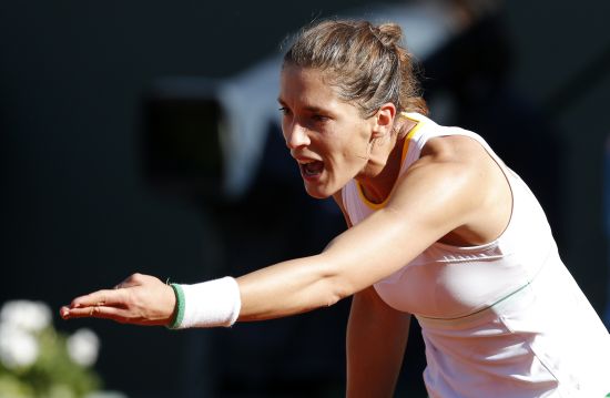 Andrea Petkovic of Germany reacts during her women's semi-final match against Simona Halep of Romania 