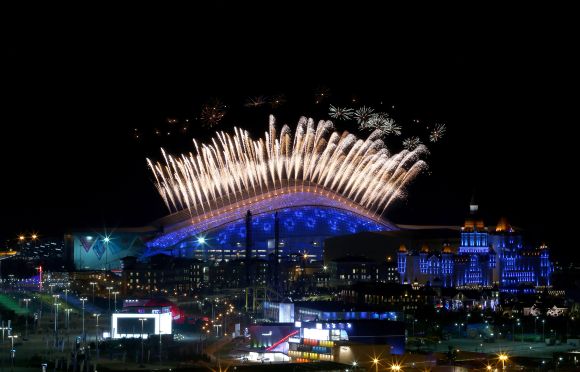 Fireworks on display over Fisht Olympic Stadium in the Olympic Park during the Opening Ceremony of the Sochi 2014 Winter Olympics 