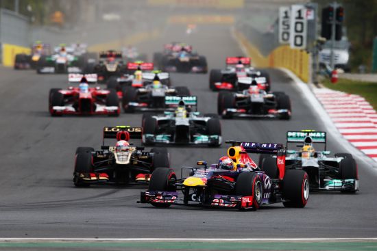 Formula One cars race during a Grand Prix
