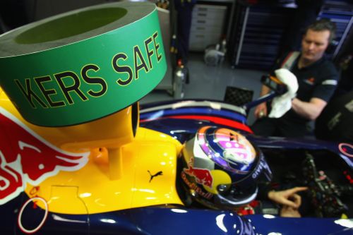 The warning sign on the Red Bull Racing RB5 car of Sebastian Vettel signals that the KERS energy system is disabled