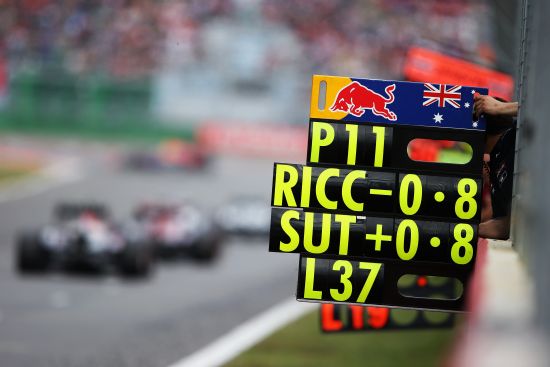 Pitboard is shown to Daniel Ricciardo of Australia and Scuderia Toro Rosso as he drives during the Korean Formula One Grand Prix 