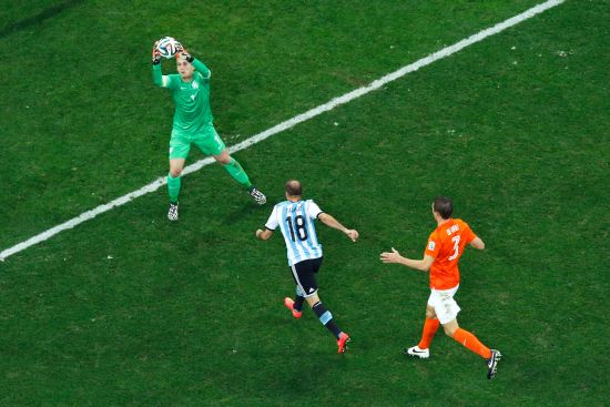 Rodrigo Palacio of Argentina heads the ball on goal against Jasper Cillessen of the Netherlands