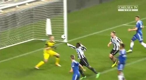 A television grab of Newcastle's Olivier Kemen  scoring against Chelsea in FA Youth Cup