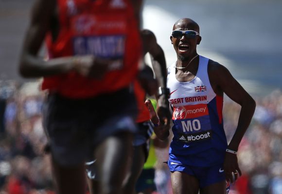 Mo Farah of Britain sprints down The Mall before finishing in eighth position 