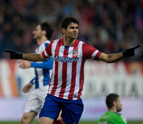  Diego Costa of Atletico de Madrid celebrates scoring their opening goal during the La Liga match between Club Atletico de Madrid and RCD Espanyol