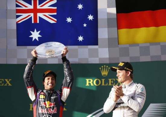 Winner Mercedes Formula One driver Nico Rosberg of Germany (R) applauds as second-placed Red Bull Formula One driver Daniel Ricciardo of Australia