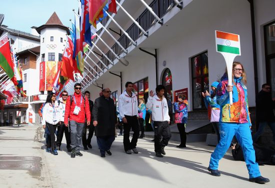 Indian athletes Nadeem Iqbal , Shiva Keshavan and Himanshu Thakur  with newly elected IOA President, Narayna Ramachandran arrive during the welcome ceremony and flag raising at the mountain athletes village