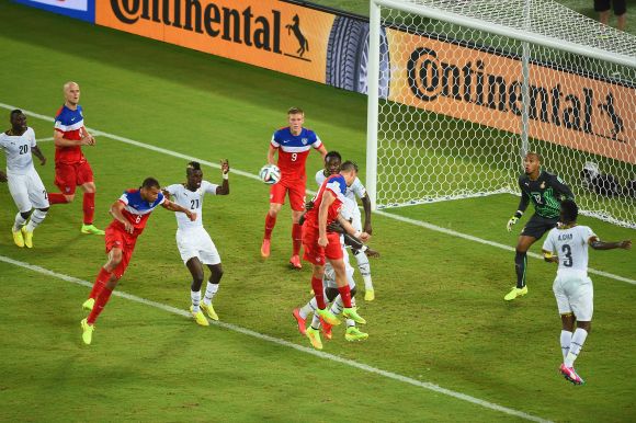 John Brooks of the United States scores his team's second goal on a header past Adam Kwarasey of Ghana 