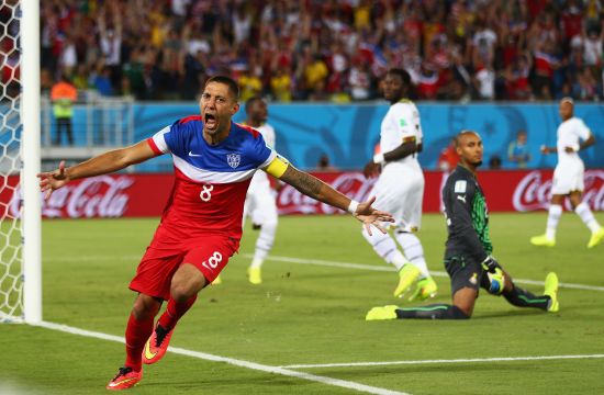 Clint Dempsey of the United States reacts after scoring his team's first goal past goalkeeper Adam Kwarasey of Ghana