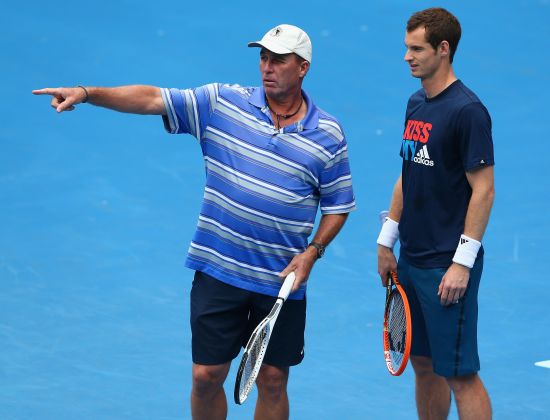 Andy Murray talks to his coach Ivan Lendl during a training session