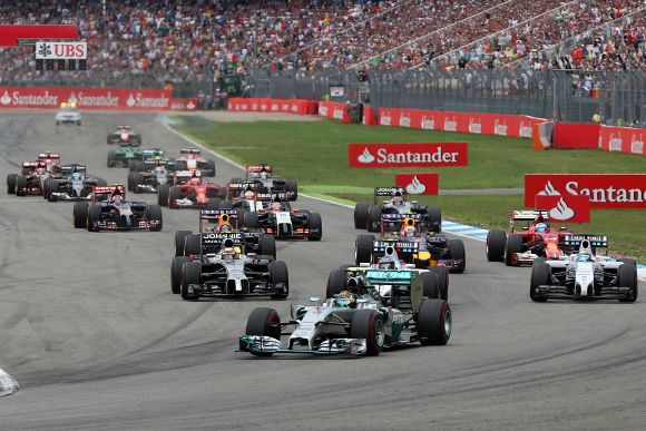 Nico Rosberg of Germany and Mercedes GP leads the field into the first corner during the German Grand Prix 