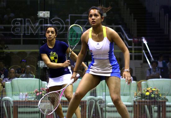Dipika Pallikal of India in action against Raneem El Weleiley of Egypt during the Round of 16th matches of the CIMB Women's World Championship