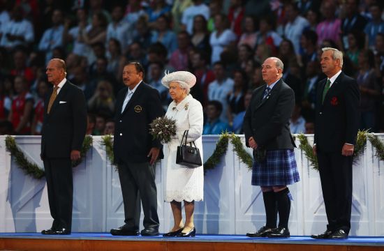 (L-R) Prince Philip, Duke of Edinburgh, HRH Prince Imran the CGF President, Queen Elizabeth II, Patron of the CGF, Michael Cavanagh, Chairman Commonwealth Games Scotland and The Chairman of Glasgow 2014, Lord Smith of Kelvin during the Opening Ceremony for the Glasgow 2014 Commonwealth Games 