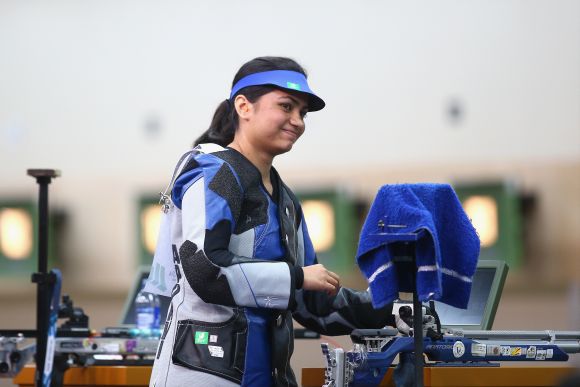 Apurvi Chandela of India celebrates winning the Gold Medal in the Women's 10m Air Rifle Shooting at Barry Buddon Shooting Centre during day three of the Glasgow 2014 Commonwealth Games