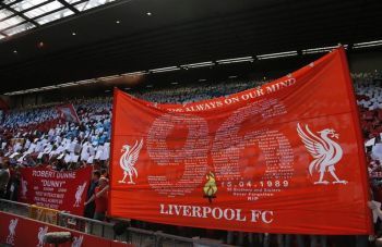 A banner in memory of the Hillsborough disaster