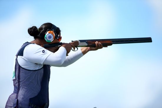 Shreyasi Singh of India in action during the Women's Double Trap final at Barry Buddon Shooting Centre