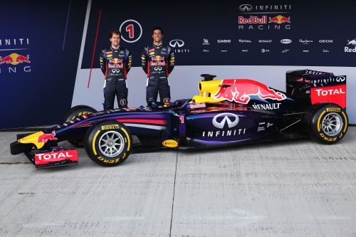 Infiniti Red Bull Racing drivers Sebastian Vettel (L) of Germany and Daniel Ricciardo (R) of Australia attend the launch of their new RB10 Formula One car 