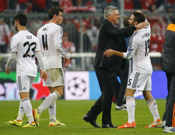 Carlo Ancelotti reacts after winning the game against Bayern Munich