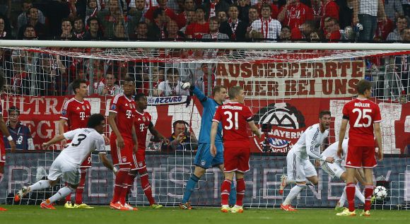 Sergio Ramos celebrates after scoring against Bayern