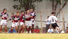 James Singh takes the free-kick which fetched the first goal for Mahindra