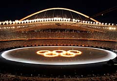The Olympic rings are seen during the opening ceremony of the Athens Olympic Games
