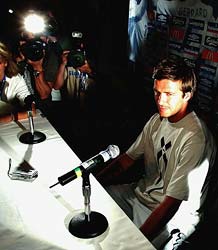 David Beckham attends a media conference at the Giants Stadium in New York on Monday