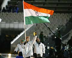 Shiva Keshavan carries the Indian flag at the opening ceremony of the Salt Lake City Winter Olympic Games in 2002
