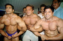 Left to right: Suhas Khamkar (80 kgs), Paresh Mhatre (70 kgs) and Sunil Sakpal (55 kgs) of Maharashtra 'A' after winning gold in their respective weight categories at the 45th Senior National Body Building Championship