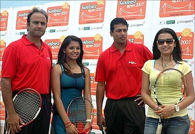 Charu Sharma, Dipika Pallikal, Mahesh Bhupathi and Trisha Krishnan at the promotional event in Channai on Tuesday.