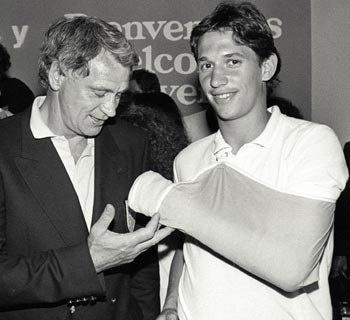 England team manager Bobby Robson (left) is seen examining the bandaged left arm of striker Gary Lineker in the 1986 file picture.
