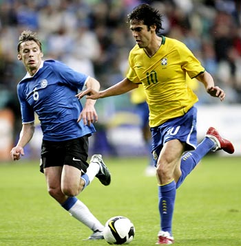 Brazil midfielder Kaka (right) tries to get the ball past Estonia's Aleksandr Dmitrijev