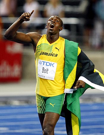 Usain Bolt celebrates winning the men's 100 metres final at the world championship in Berlin