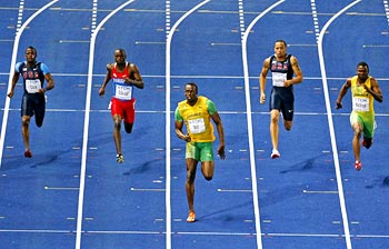 Usain Bolt (centre) sprints to victory in the 200 metres final