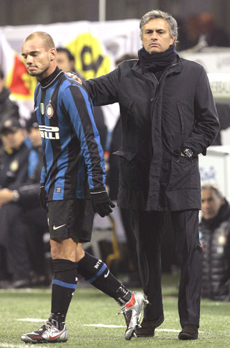 Inter Milan's coach Jose Mourinho (right) and Wesley Sneijder