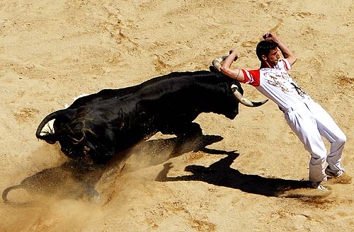 A recortador performs with a fighting bull
