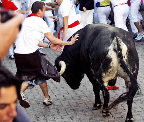 A Dolores Aguirre fighting bull charges against a runner during the fifth bull run of the San Fermin festival