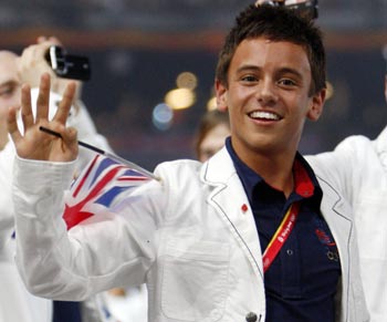 Tom Daley of Britain walks with his team mates during the opening ceremony of the Beijing Olympics