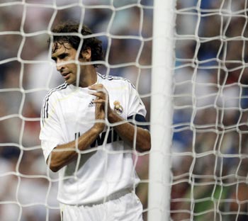 Real Madrid's Raul Gonzalez reacts during their Peace Cup match against Al Ittihad at Santiago Bernabeu stadium in Madrid