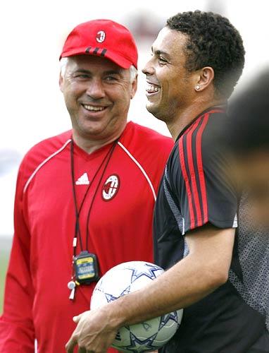 Carlo Ancelotti shares a laugh with Ronaldo